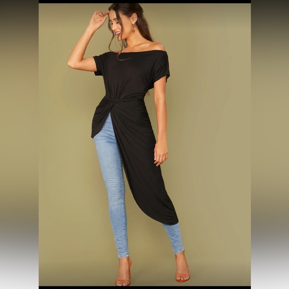 Twist Front Asymmetrical Hem Bardot Top in Black